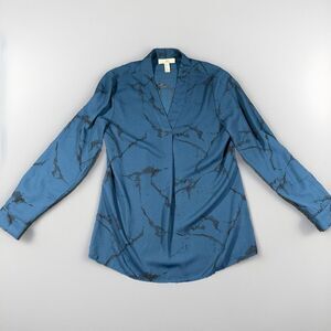 Halston XS Popover Tunic Blouse Teal Marble Classic Workwear Dressy V Neck